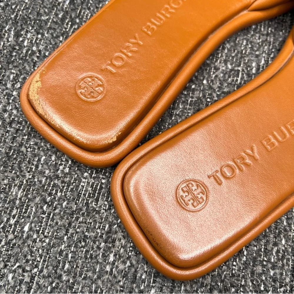 Tory Burch Tan Slide Sandals with Embossed Detailing. #30